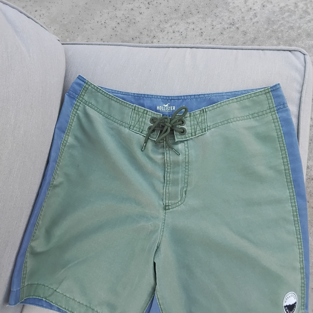 Hollister Men's Olive Green Swim Board Shorts with Blue Side Panels